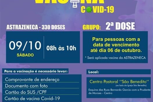 VACINAÇÃO DE 2ª DOSE contra a COVID-19 ASTRAZENECA (330 doses disponíveis)