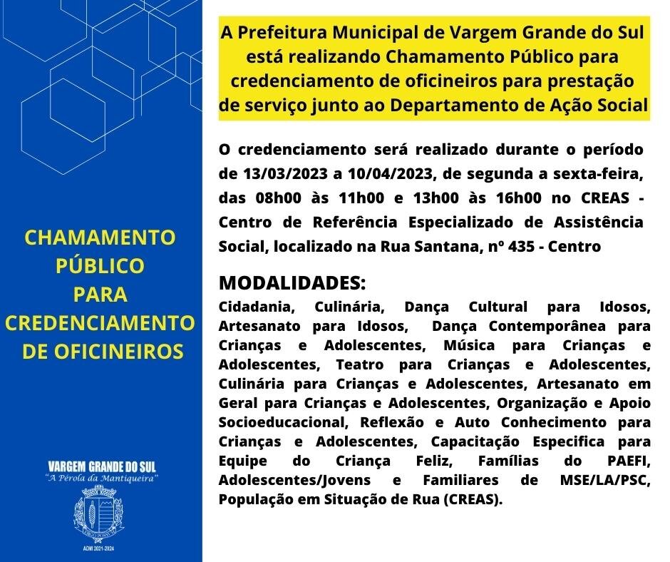 OFICINEIROS PODEM REALIZAR CREDENCIAMENTO PARA PRESTAÇÃO DE SERVIÇOS AO DEPARTAMENTO DE AÇÃO SOCIAL