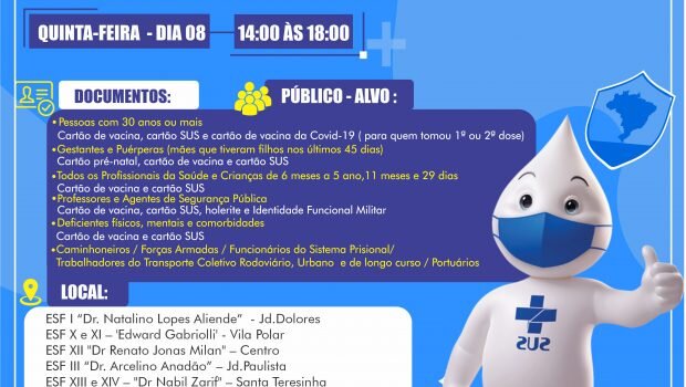 AMANHÃ (08) VACINAÇÃO CONTRA A GRIPE H1N1 PARA PESSOAS DE 30 ANOS OU MAIS E GRUPOS PRIORITÁRIOS