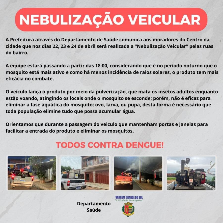 HOJE, DIA 22 SERÁ REALIZADO A NEBULIZAÇÃO VEICULAR NO CENTRO