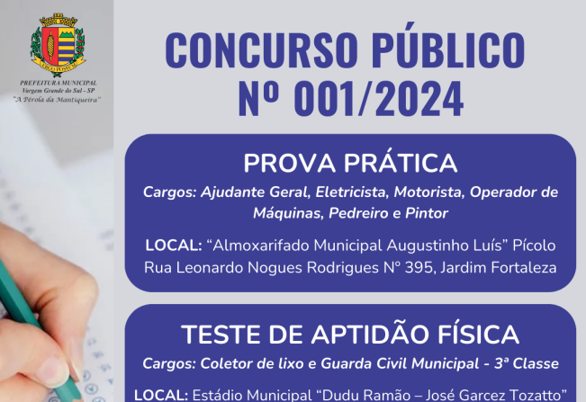 LOCAIS E HORÁRIOS DA PROVA PRÁTICA E TAF DO CONCURSO PÚBLICO Nº 001/2024 FORAM DIVULGADOS