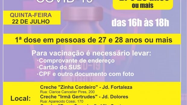 AMANHÃ TEM VACINAÇÃO EM PESSOAS DE 27 E 28 ANOS OU MAIS