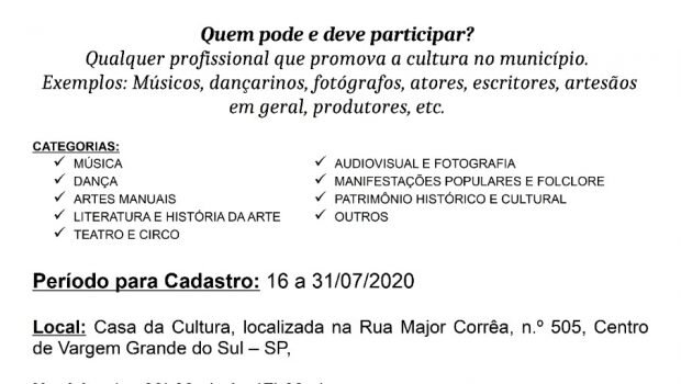 PREFEITURA ESTÁ REALIZANDO CADASTRO DE PROFISSIONAIS DA CULTURA