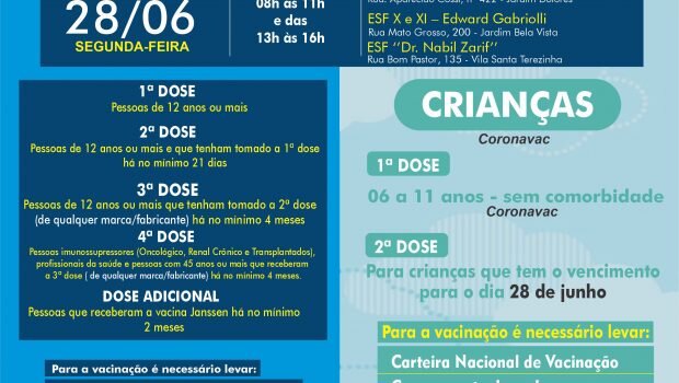 VACINAÇÃO HOJE, DIA 28, CONTRA A COVID-19 E GRIPE!