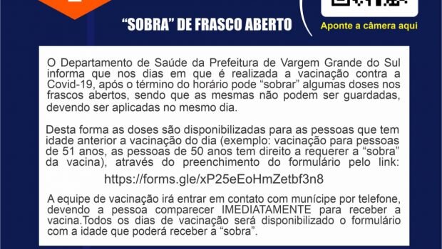 PRÉ-CADASTRO PARA VACINAÇÃO CONTRA COVID-19 “SOBRA” DE FRASCO ABERTO