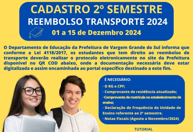 Cadastro e entrega de recibos do Reembolso Online Transporte Escolar 2024