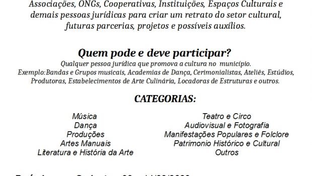 DEPARTAMENTO DE CULTURA INICIA CADASTRAMENTO DE PESSOAS JURÍDICAS QUE REALIZAM ATIVIDADES ARTISTICAS