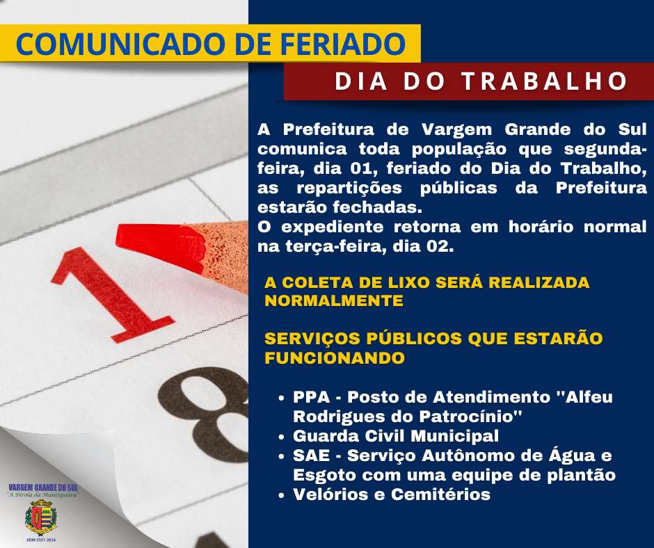 COMUNICADO FERIADO DIA DO TRABALHO (01.05.2023)