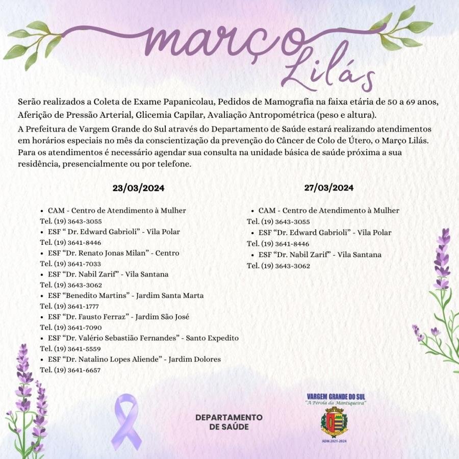 CONTINUA OS ATENDIMENTOS DA CAMPANHA “MARÇO LILÁS”