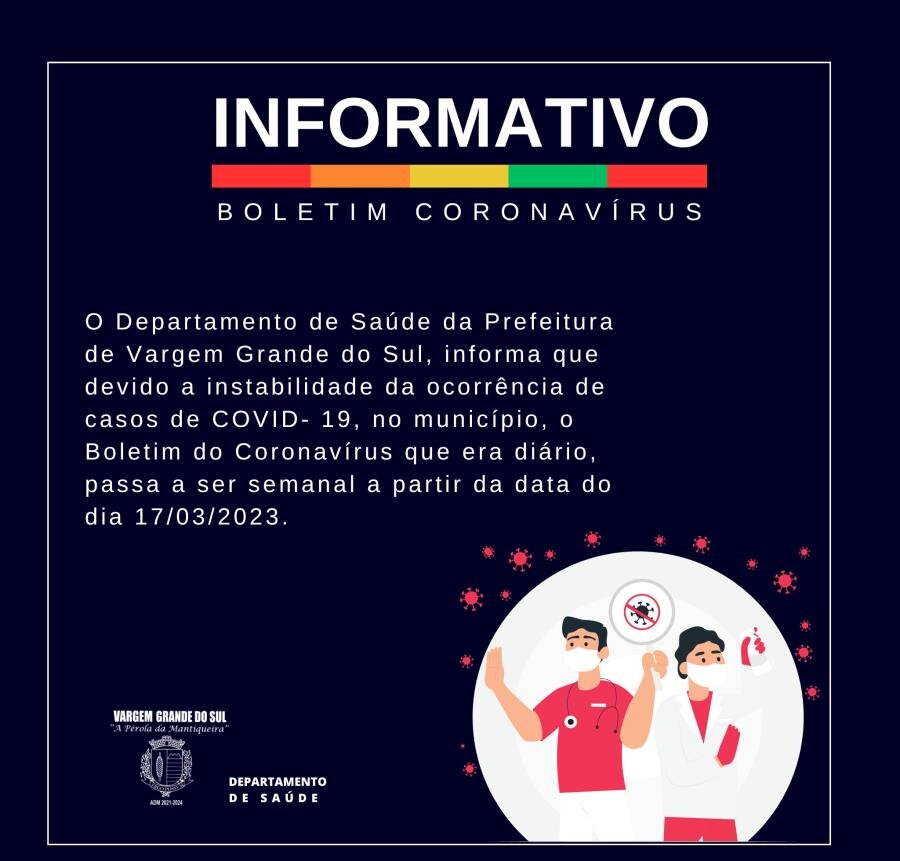DEPARTAMENTO DE SAÚDE INFORMA QUE O BOLETIM DO CORONAVÍRUS PASSA A SER SEMANAL