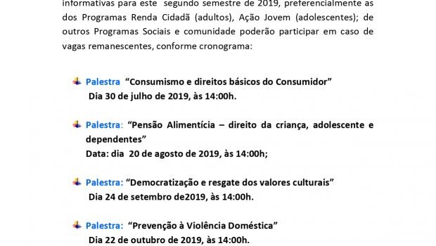Ciclo de Palestras começa dia 30