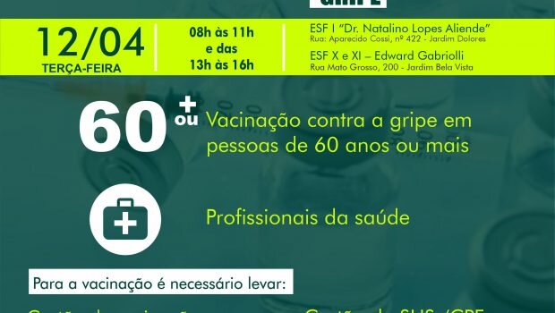 VACINAÇÃO AMANHÃ, DIA 12, CONTRA COVID-19 E GRIPE