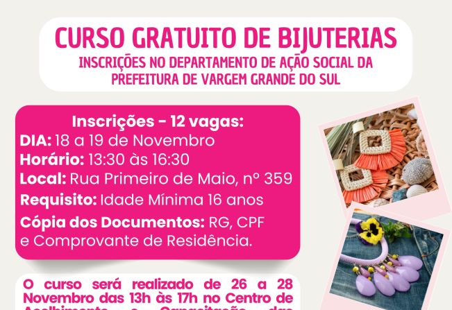 PREFEITURA OFERECE CURSO GRATUITO DE BIJUTERIAS