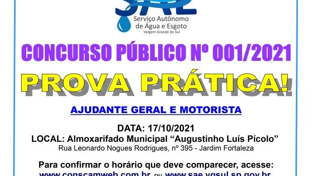 AS PROVAS PRÁTICAS DO CONCURSO PÚBLICO DO SAE SERÃO NO PRÓXIMO DOMINGO