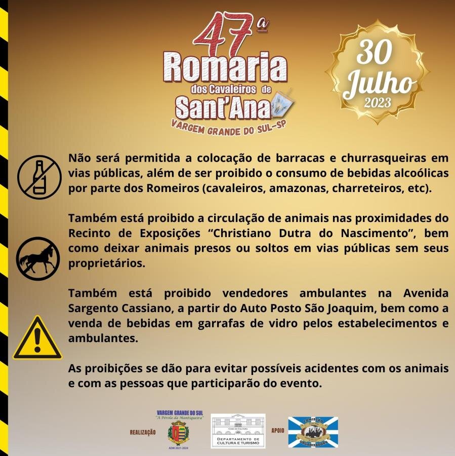 ATENÇÃO PARA AS RECOMENDAÇÕES DE SEGURANÇA DURANTE A 47ª ROMARIA DOS CAVALEIROS DE SANT’ANA.