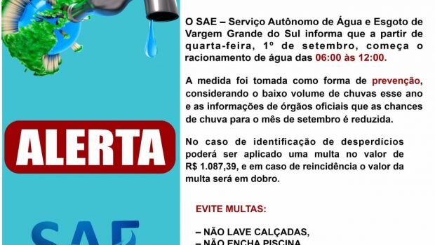 A PARTIR DE QUARTA-FEIRA (01) COMEÇA RACIONAMENTO PREVENTIVO DE ÁGUA