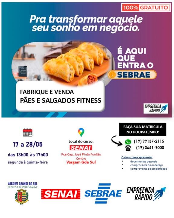 CURSO GRATUITO DE FABRICAÇÃO E VENDA DE PÃES E SALGADOS FITNESS