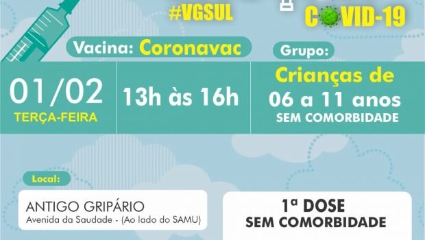 VACINAÇÃO DE 1ª DOSE CORONAVAC PARA CRIANÇAS DE 6 AS 11 COMPLETOS SEM COMORBIDADES