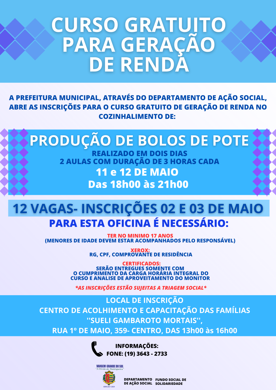 CURSO GRATUITO PARA GERAÇÃO DE RENDA - PRODUÇÃO DE BOLOS DE POTE