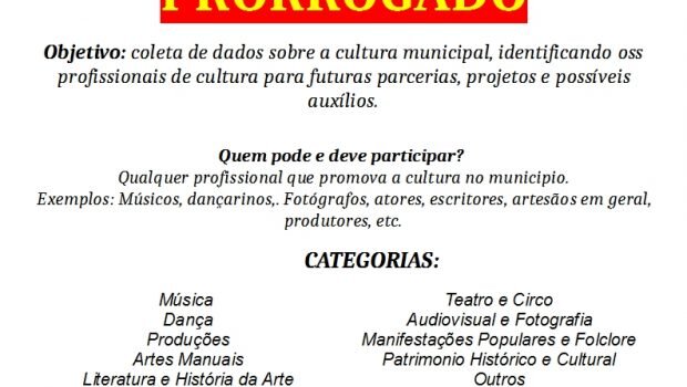 PRORROGADO O PRAZO PARA CADASTRAMENTO DOS PROFFISIONAIS DA CULTURA PESSOA FÍSICA