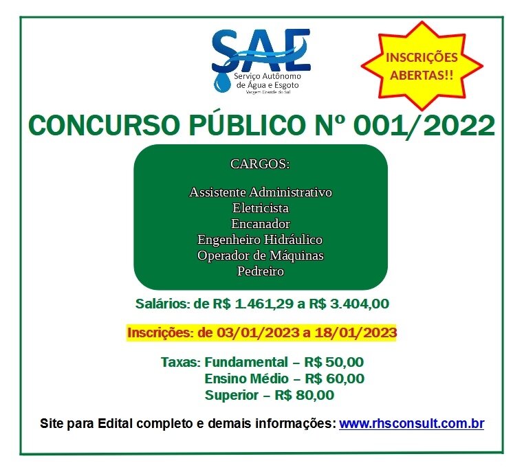 ÚLTIMOS DIAS PARA INSCRIÇÕES DO CONCURSO PÚBLICO Nº 001/2022 PROMOVIDO PELO SAE