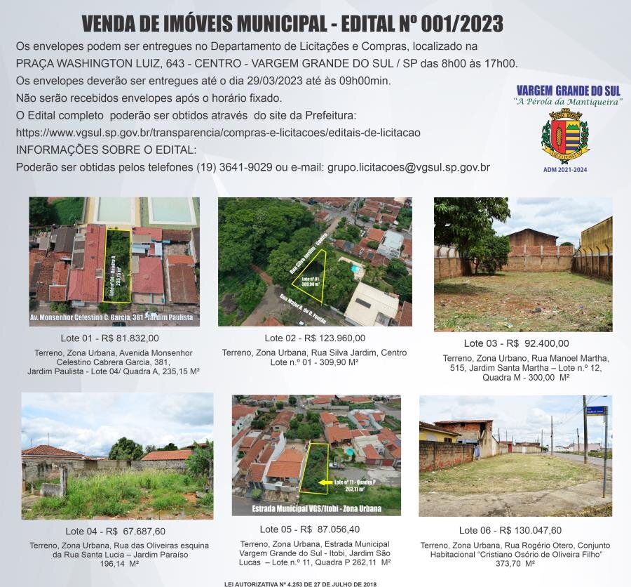 VENDA DE IMÓVEIS MUNICIPAL - EDITAL Nº 001/2023