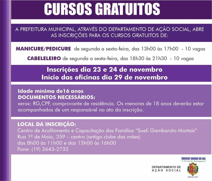 AÇÃO SOCIAL ABRE INSCRIÇÕES PARA CURSO GRATUITOS DE CABELEIREIRO, MANICURE E PEDICURE
