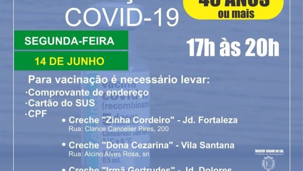 AMANHÃ, SEGUNDA-FEIRA, 14, TERÁ VACINAÇÃO DA PRIMEIRA DOSE PARA PESSOAS COM 46 ANOS OU MAIS – ASTRAZENECA