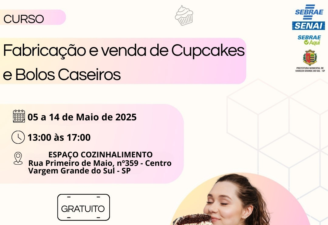 CURSO GRATUITO DE FABRICAÇÃO E VENDA DE CUPCAKES E BOLOS CASEIROS NO ESPAÇO COZINHALIMENTO