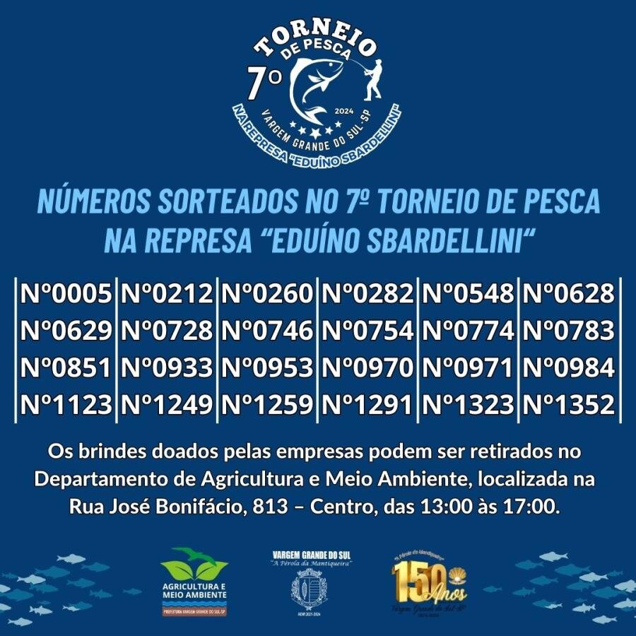 NÚMEROS SORTEADOS NO 7º TORNEIO DE PESCA