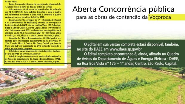 DAEE ABRE LICITAÇÃO PARA CONTENÇÃO E RECUPERAÇÃO DA VOÇOROCA