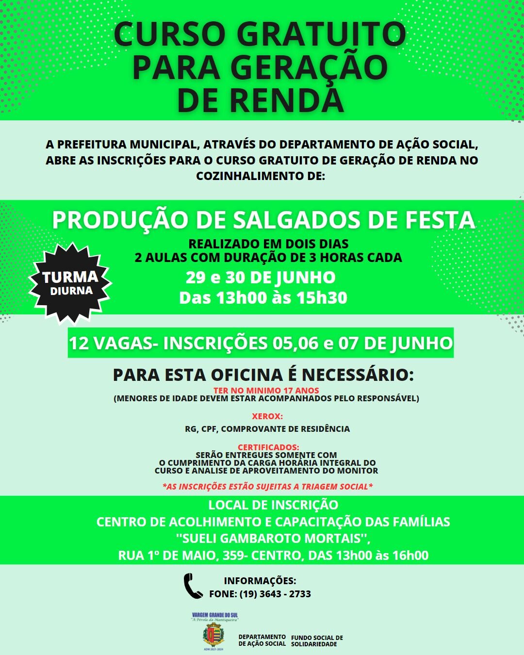 CURSO GRATUITO PRODUÇÃO DE SALGADOS DE FESTA