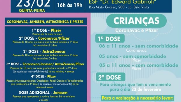 VACINAÇÃO INFANTIL DE 05 A 11 ANOS COM E SEM COMORBIDADE E VACINAÇÃO 1ª, 2ª, 3ª, 4ª E DOSE ADICIONAL DE CORONAVAC, ASTRAZENECA E JANSSEN