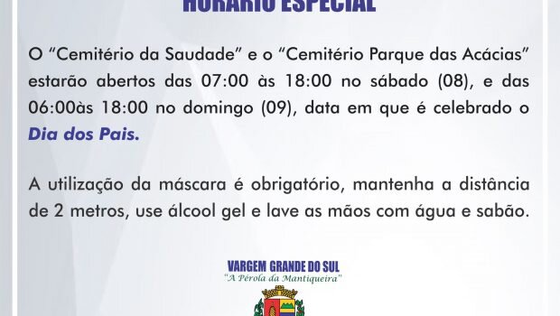 CEMITÉRIO NO DIA DOS PAIS ESTARÁ ABERTO EM HORÁRIO ESPECIAL