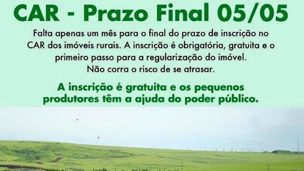Quinta-feira é o último dia para a realização do Cadastro Ambiental Rural