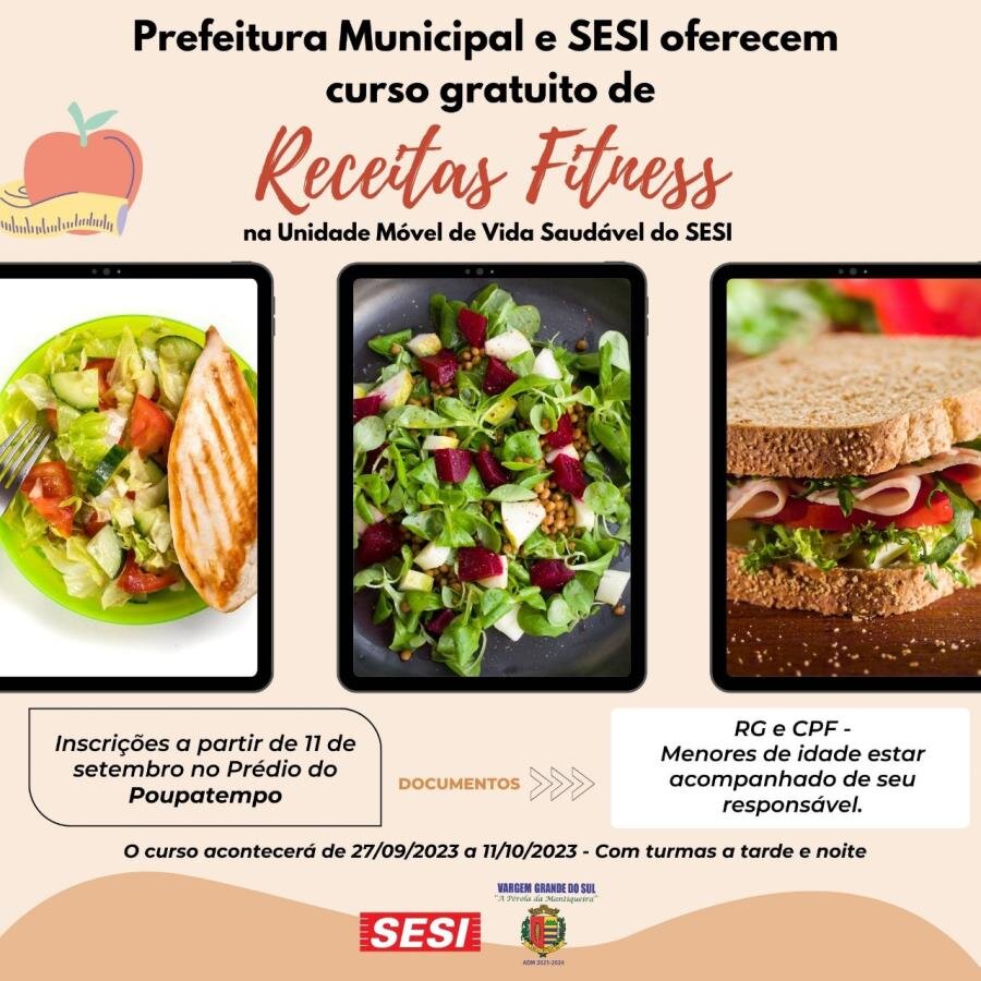 HOJE, SEGUNDA-FEIRA (11) ESTÃO ABERTAS AS INSCRIÇÕES PARA O CURSO DE RECEITAS FITNESS