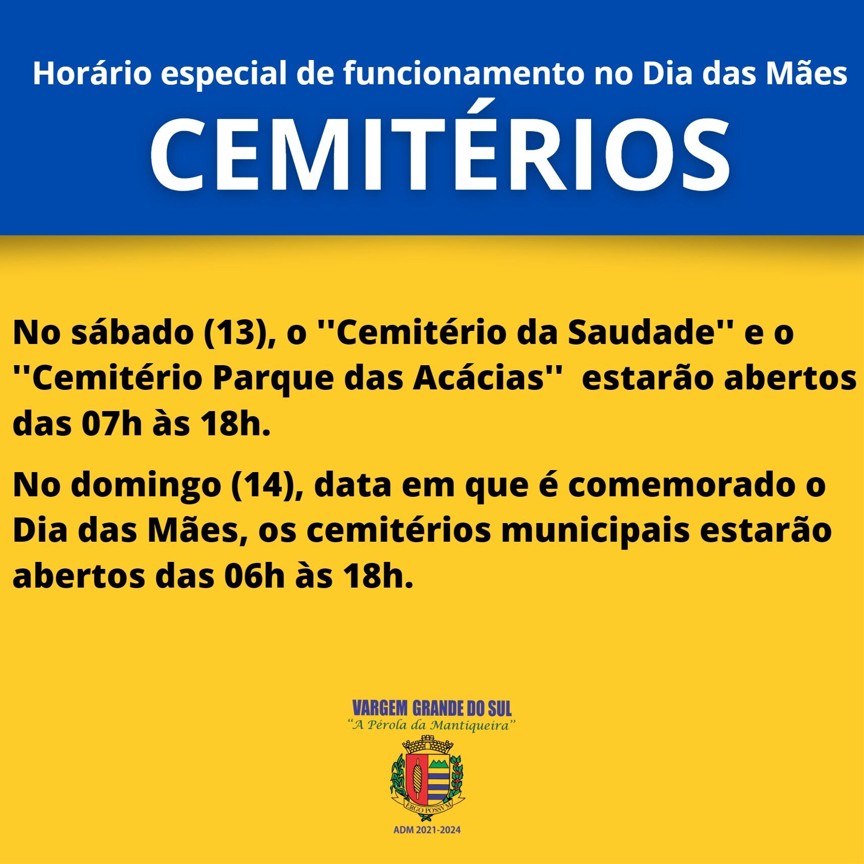 COMUNICADO - HORÁRIO ESPECIAL CEMITÉRIOS NO DIA DAS MÃES