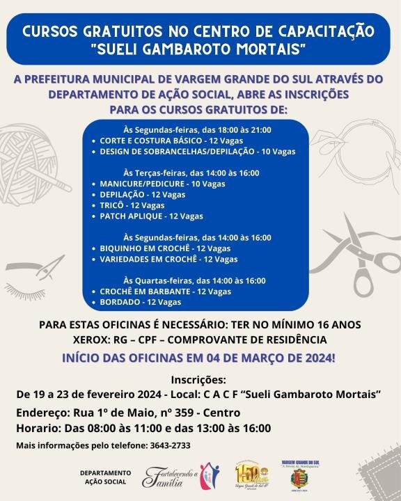 CURSOS GRATUITOS NO CENTRO DE CAPACITAÇÃO 