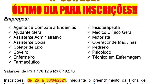 ÚLTIMO DIA PARA AS INSCRIÇÕES NO PROCESSO SELETIVO PARA ATENDER ÁREAS ESSENCIAIS