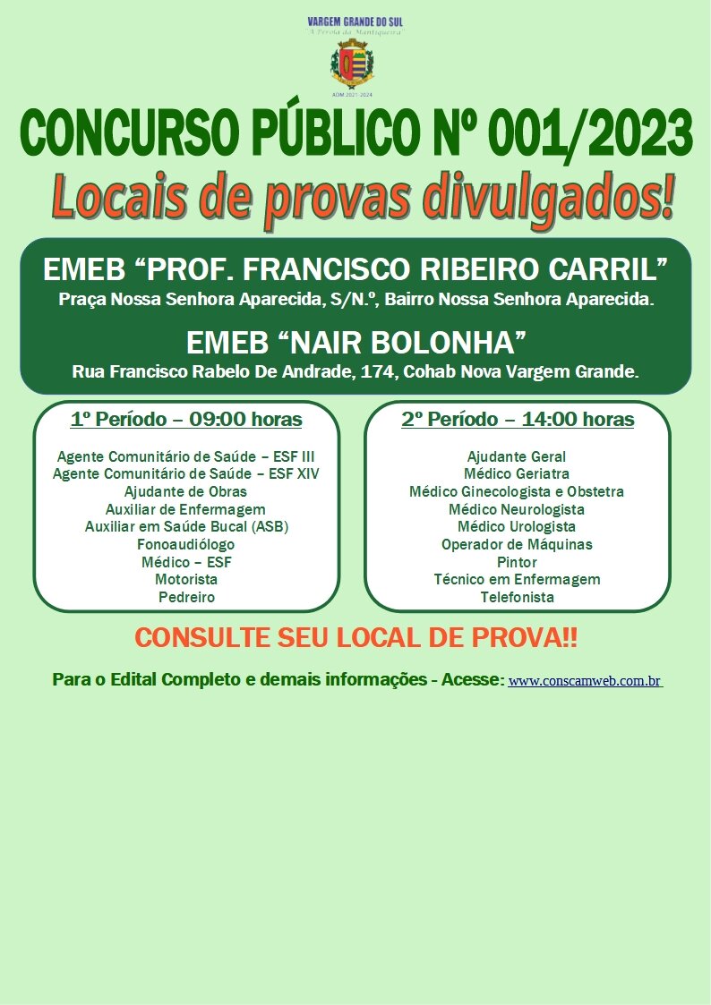 OS LOCAIS DE PROVAS DO CONCURSO PÚBLICO Nº 001/2023 FORAM DIVULGADOS