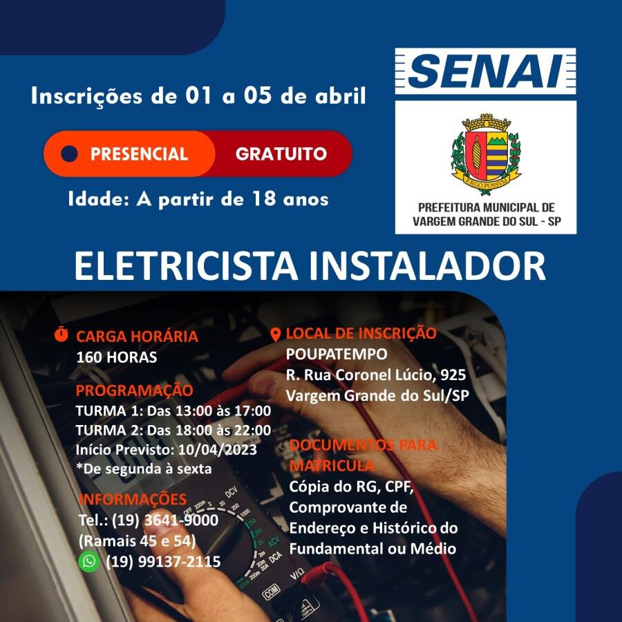 CURSO DE ELETRICISTA INSTALADOR ATRAVÉS DO SENAI