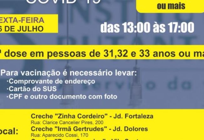 VACINAÇÃO AMANHÃ, DIA 16, PARA PESSOAS COM 31,32 E 33 ANOS OU MAIS